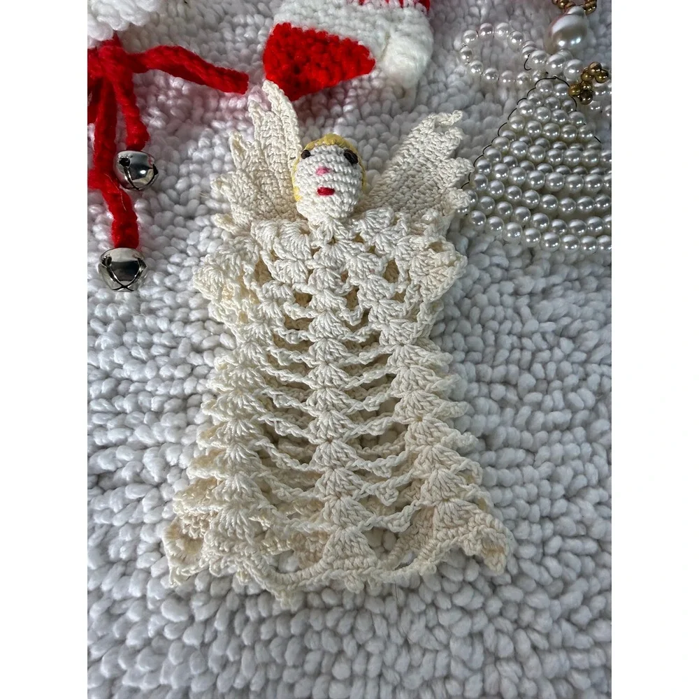 VTG Handmade Crochet Christmas Ornaments 9 pc Lot Santa‎ Boots Angel Snowflake